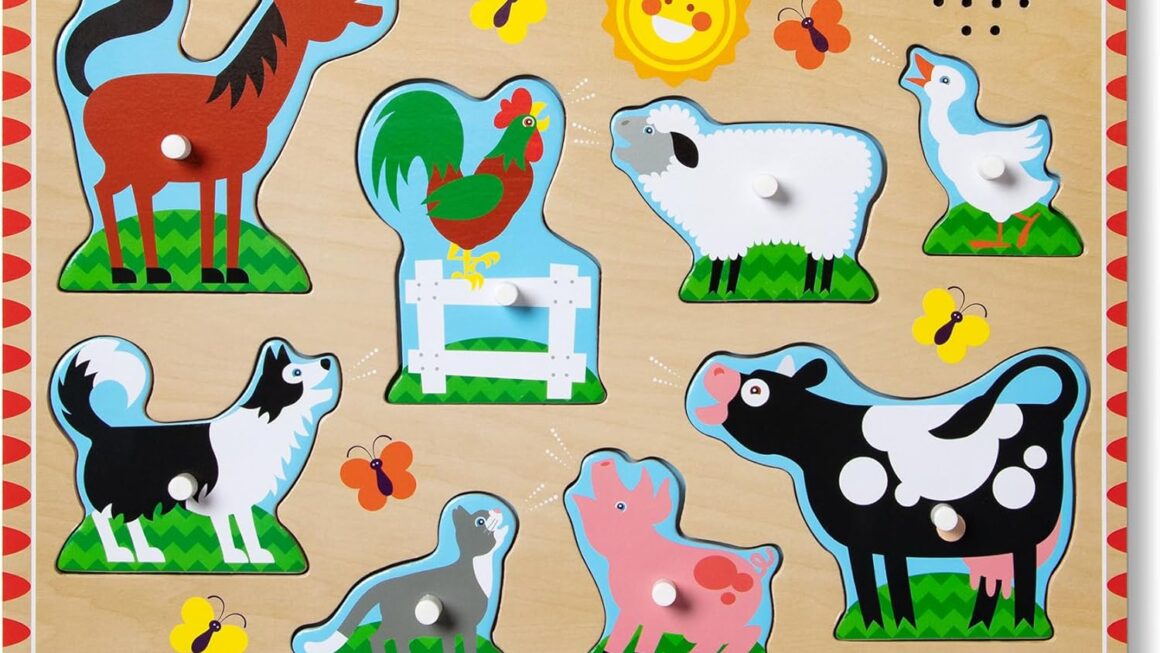 Melissa & Doug Farm Animals Sound Puzzle – Wooden Peg Puzzle With Sound Effects (8 pcs)