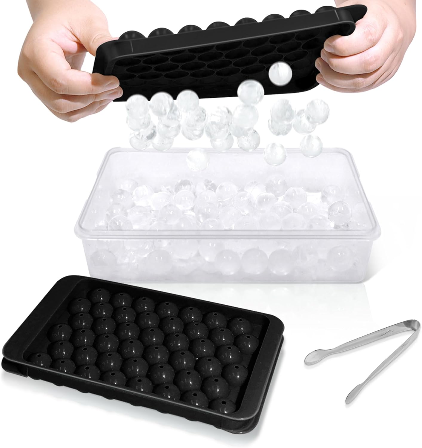 WIBIMEN Ice Cube Tray with Lid and Bin – Round Ice Trays for Freezer with Lid – Ice Cube Trays for Freezer with Ice Container (0.8″-2PACK Black)